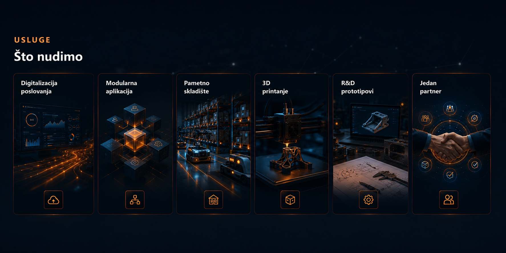 Usluge — digitalizacija poslovanja, modularna aplikacija, pametno skladište, 3D printanje, R&D prototipovi i jedan partner